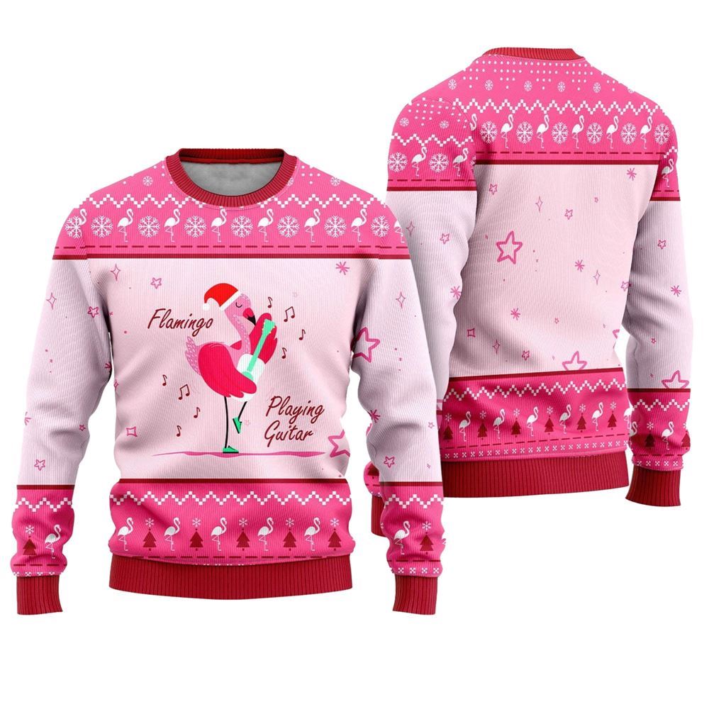 Flamingo Playing Guitar Ugly Christmas Sweater - Grishko.com