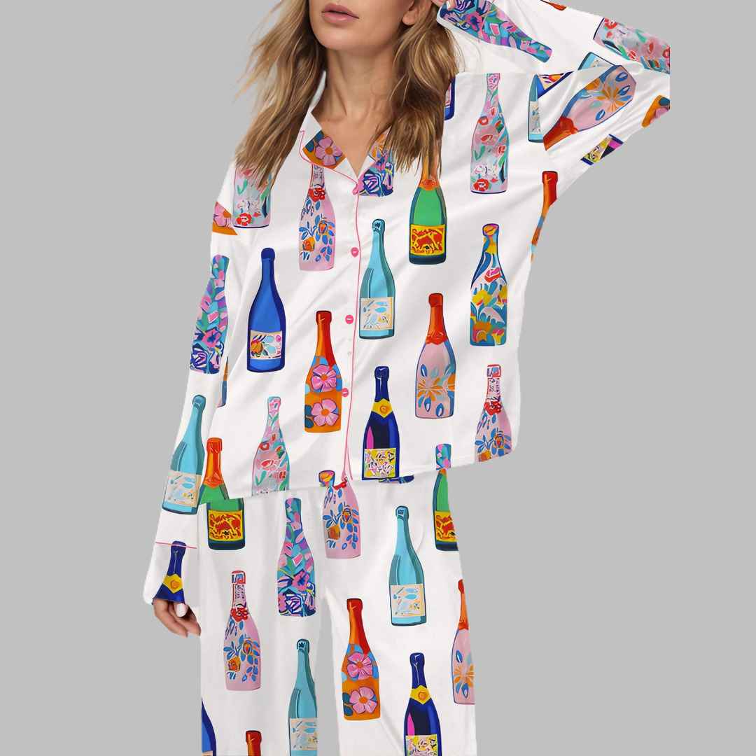 Floral Champagne Bottle Satin Pajama Set