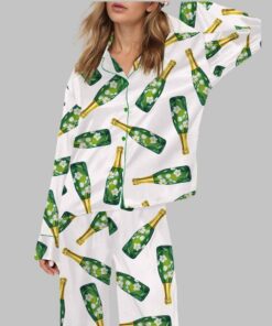 Floral Champagne Bottle Silky Satin Pajama Set