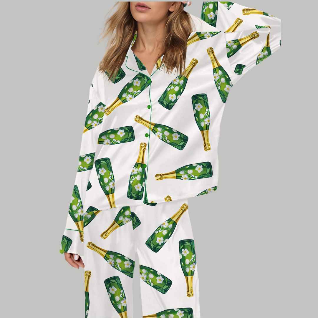 Floral Champagne Bottle Silky Satin Pajama Set