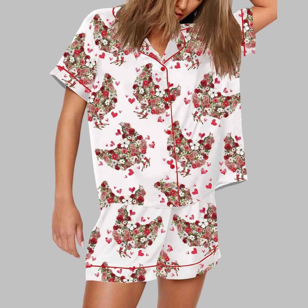 Floral Chicken Valentine Print Pajama Set