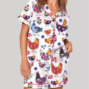 Flowers Chickens Lovers Short Sleeve Pajama Set