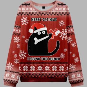 Funny Cat Found A Bone Gift Ugly Christmas Sweater - gullprint.com