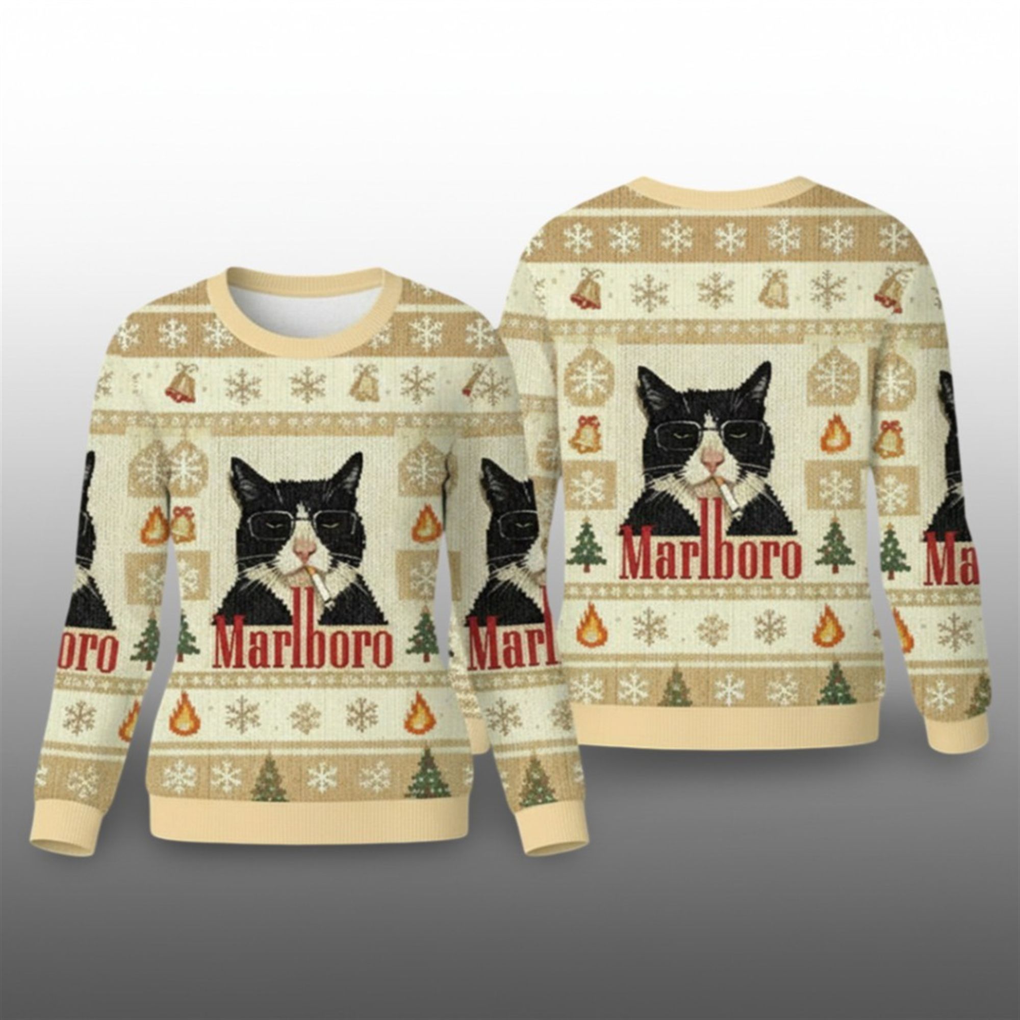 Funny Cat Smoking Cigarette Meme Ugly Christmas Sweater - Grishko.com