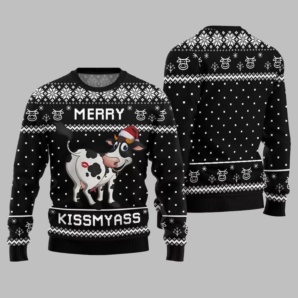 Funny Cow Merry Kissmyass Ugly Sweater Christmas - Image 3
