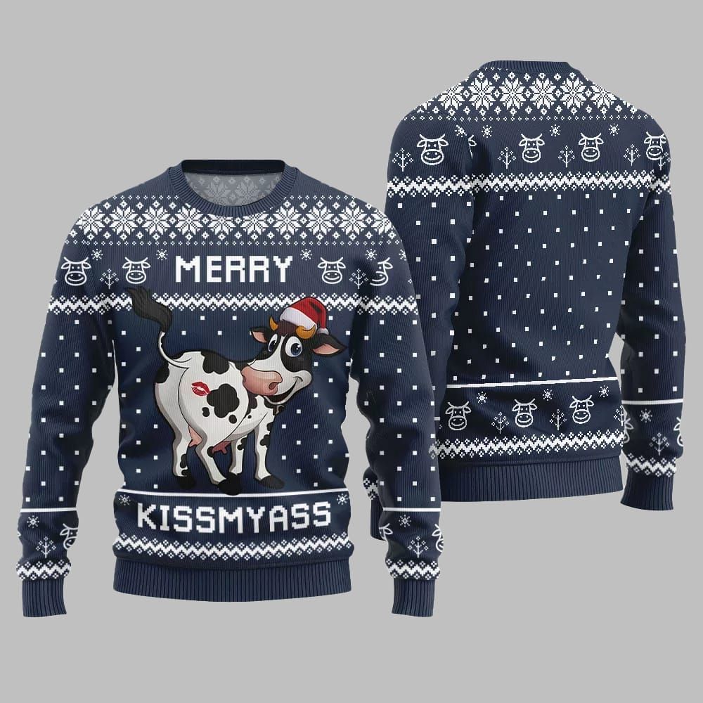 Funny Cow Merry Kissmyass Ugly Sweater Christmas - Image 4