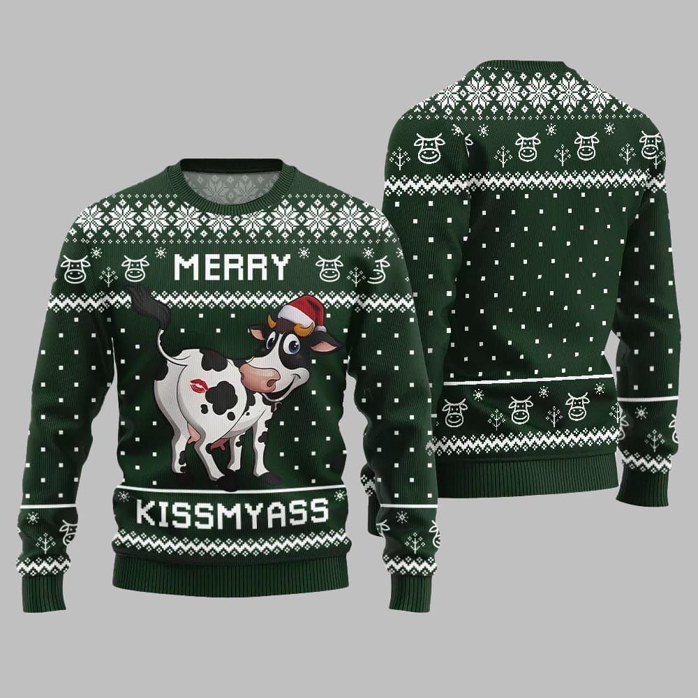 Funny Cow Merry Kissmyass Ugly Sweater Christmas - Image 5