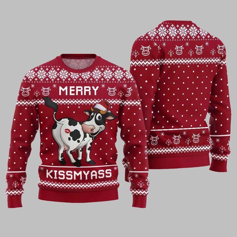 Funny Cow Merry Kissmyass Ugly Sweater Christmas - Grishko.com