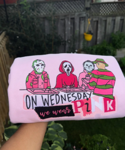 Alternative view of Wednesdays We Wear Pink Embroidered Sweatshirt, Funny Halloween Horror Movie Shirt, Classic Film-Inspired Crewneck for Adults