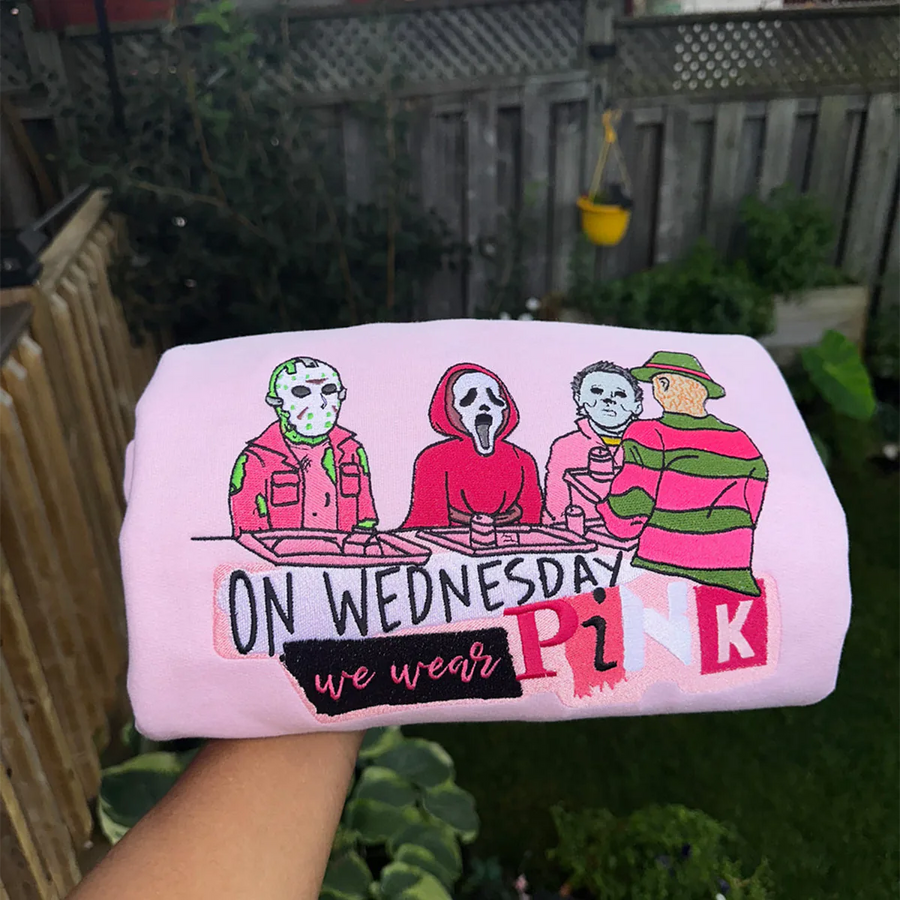 Wednesdays We Wear Pink Embroidered Sweatshirt, Funny Halloween Horror Movie Shirt, Classic Film-Inspired Crewneck for Adults - Image 2