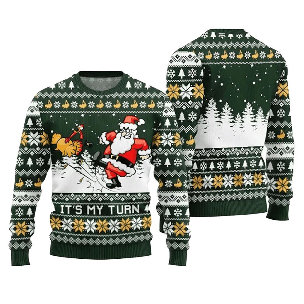 Funny It's My Turn Santa Turkey Ugly Thanksgiving Sweater - Grishko.com
