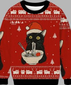 Alternative view of Funny Taking a Cat to Eat Ramen Ugly Christmas Sweater