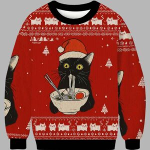Alternative view of Funny Taking a Cat to Eat Ramen Ugly Christmas Sweater - gullprint.com