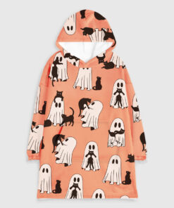 Ghost Cat Retro Ghost Halloween Spooky Season Flannel Blanket Hoodie