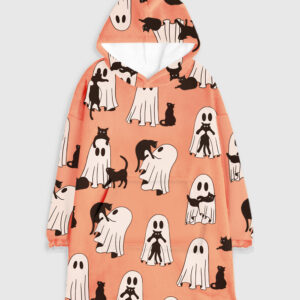 Ghost Cat Retro Ghost Halloween Spooky Season Flannel Blanket Hoodie