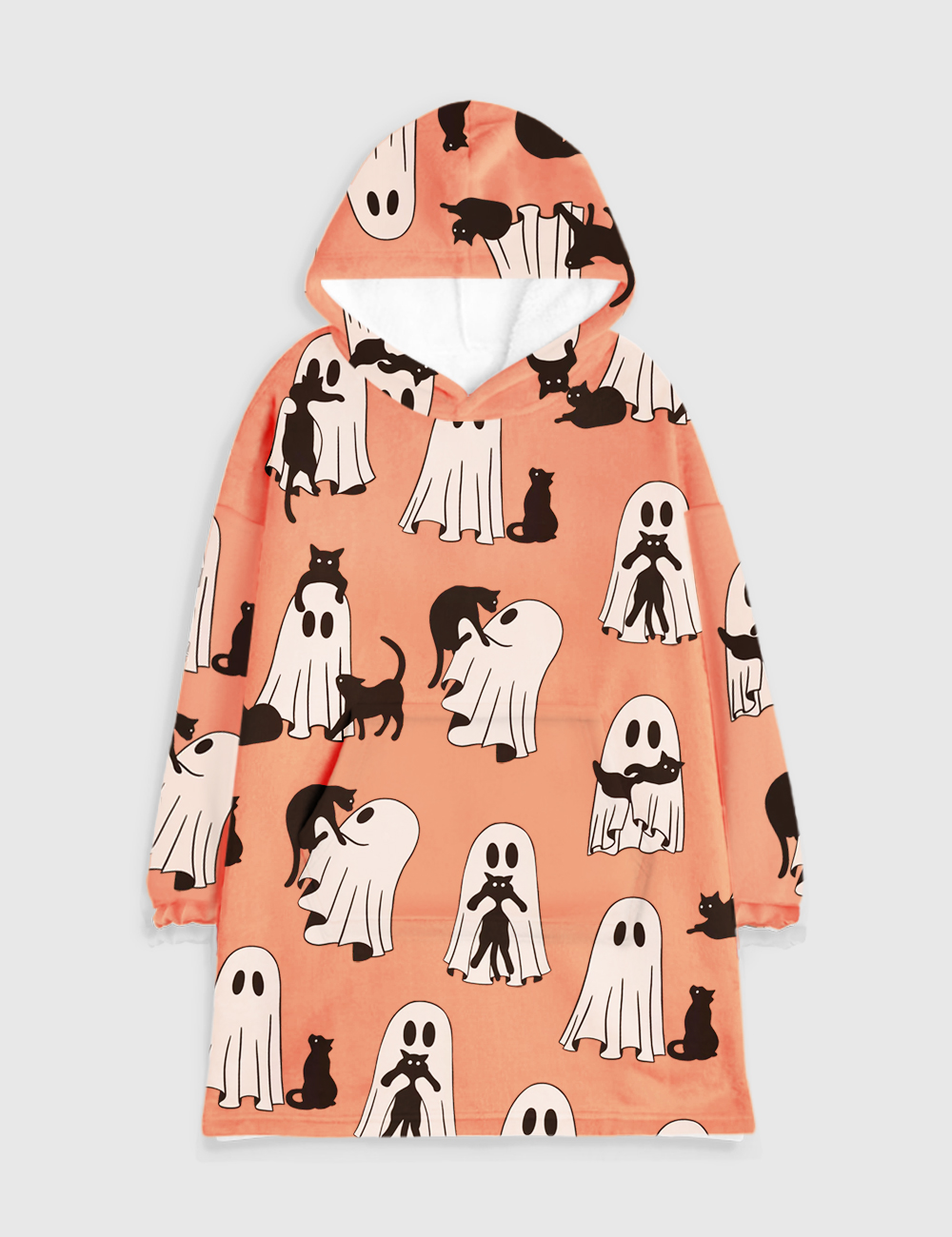 Ghost Cat Retro Ghost Halloween Spooky Season Flannel Blanket Hoodie