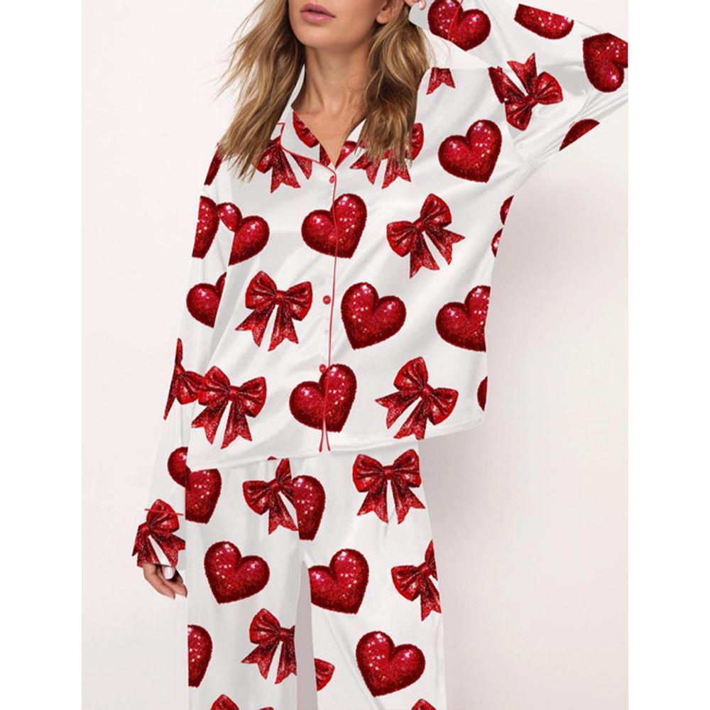 Glitter Heart Valentine Satin Pajama Set For Women - Image 3