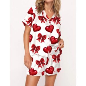 Glitter Heart Valentine Satin Pajama Set For Women