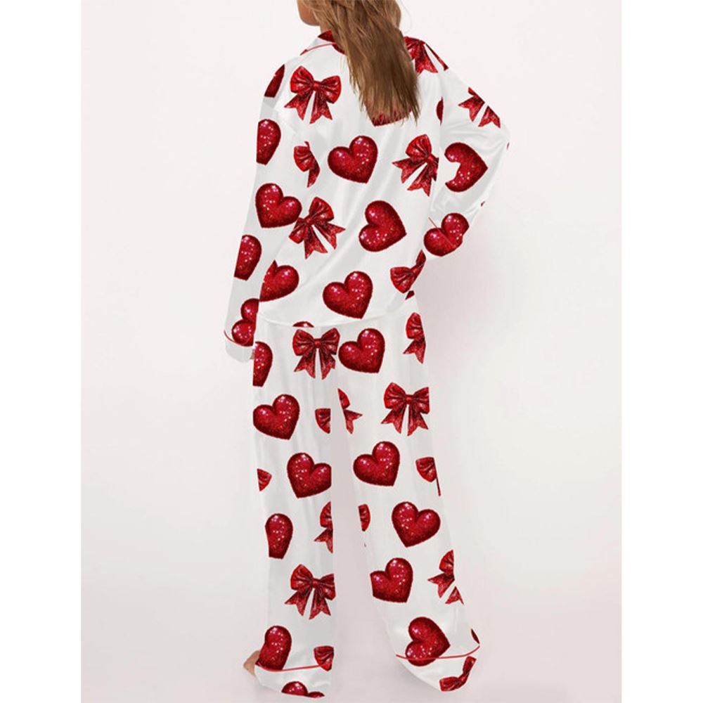 Glitter Heart Valentine Satin Pajama Set For Women - Image 4