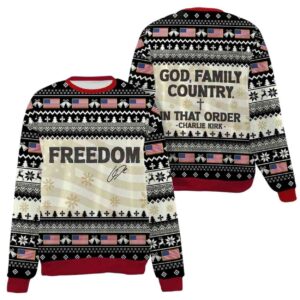 Alternative view of God Family Country In That Order Charlie Kirk Ugly Christmas Sweater