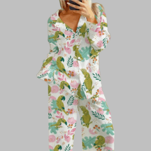 Green Bird Pattern Pajama Set