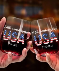 Alternative view of Happy 250 Years Birthday USA Wine Glass | America 250th Anniversary Glass | 4th of July Wine Glass | Independence Day Wine Glass