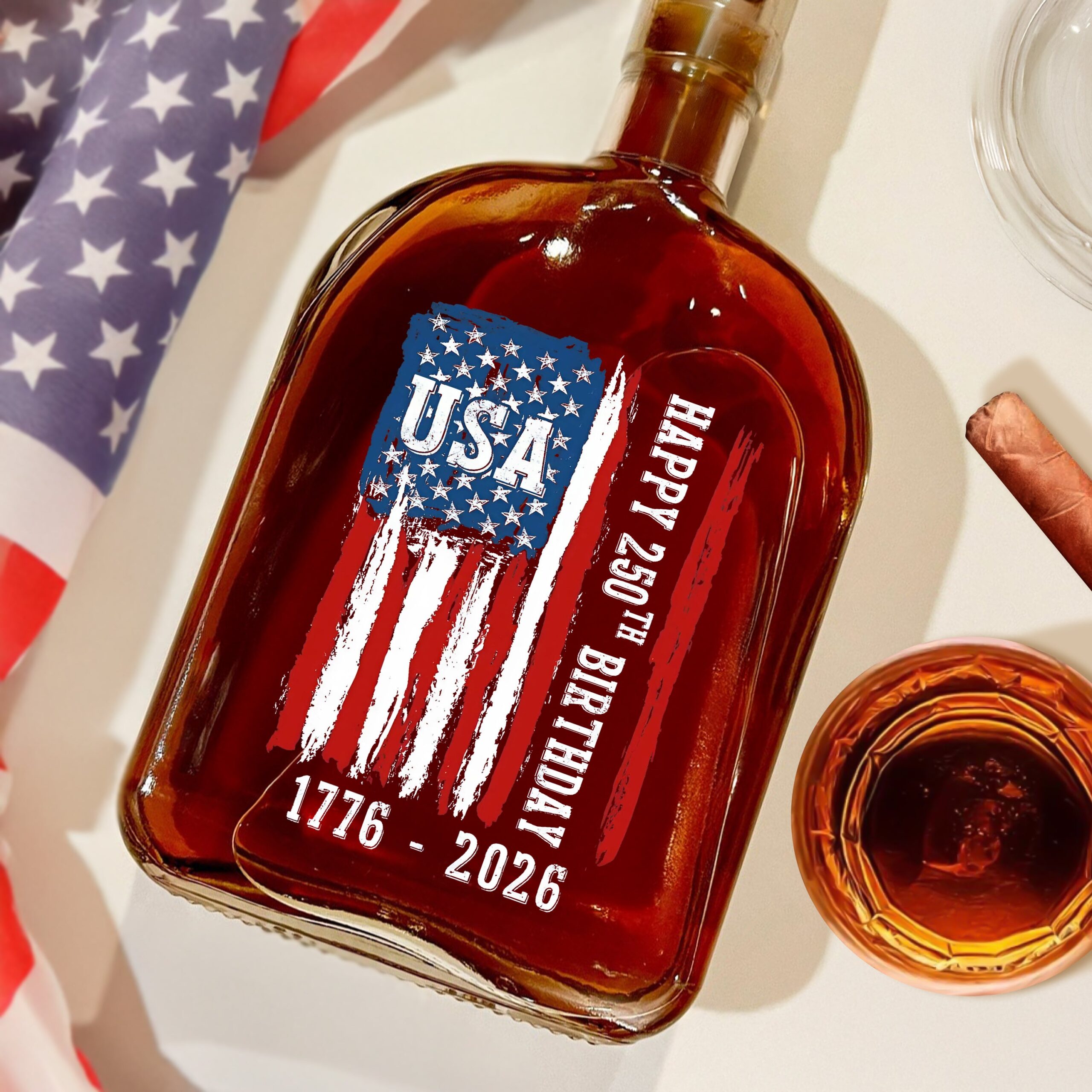 Happy 250th Birthday America Flag Whiskey Bottle - Image 2