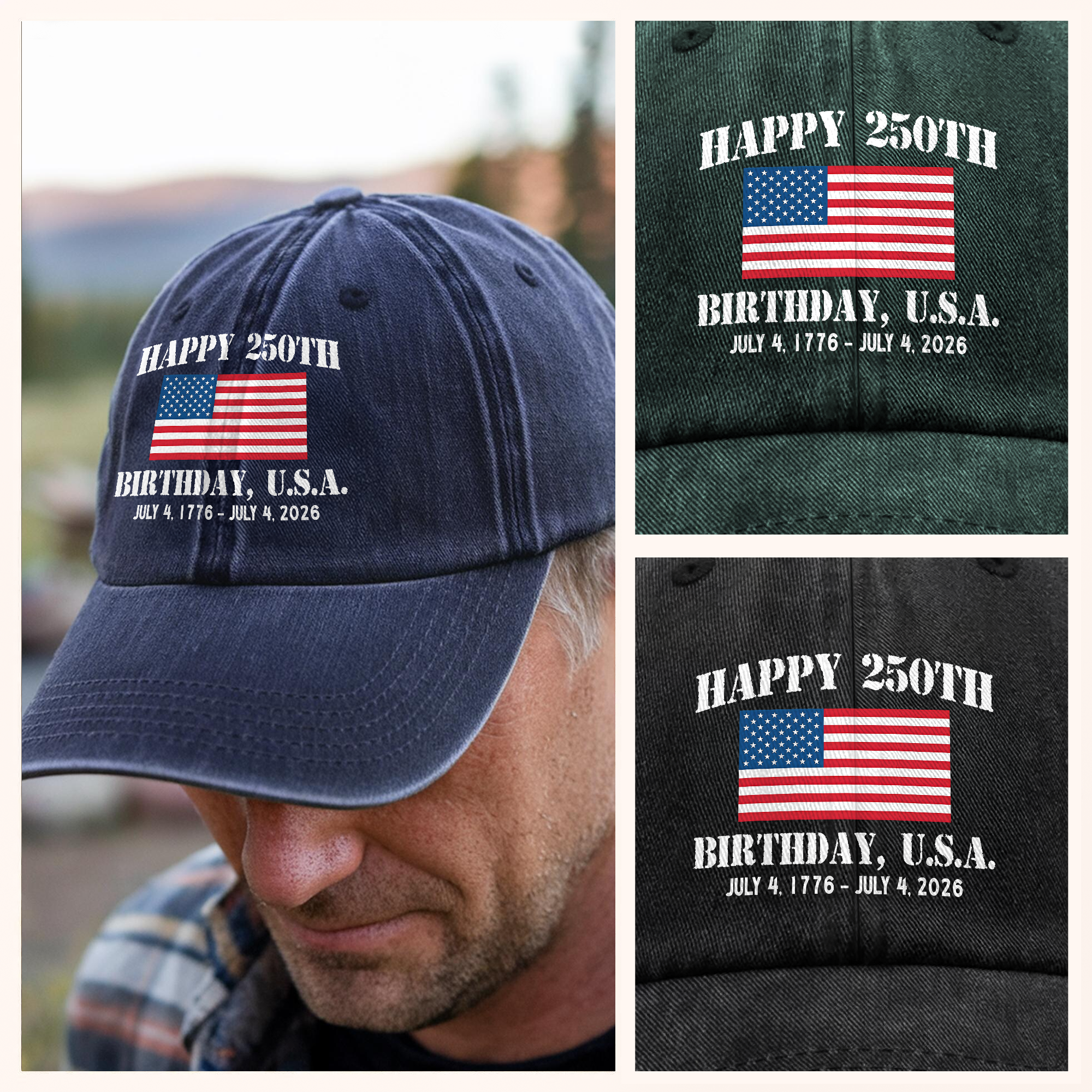 Happy 250th Birthday USA Patriotic 4th Of July Washed Denim Baseball Cap HO82 900372 - Image 6