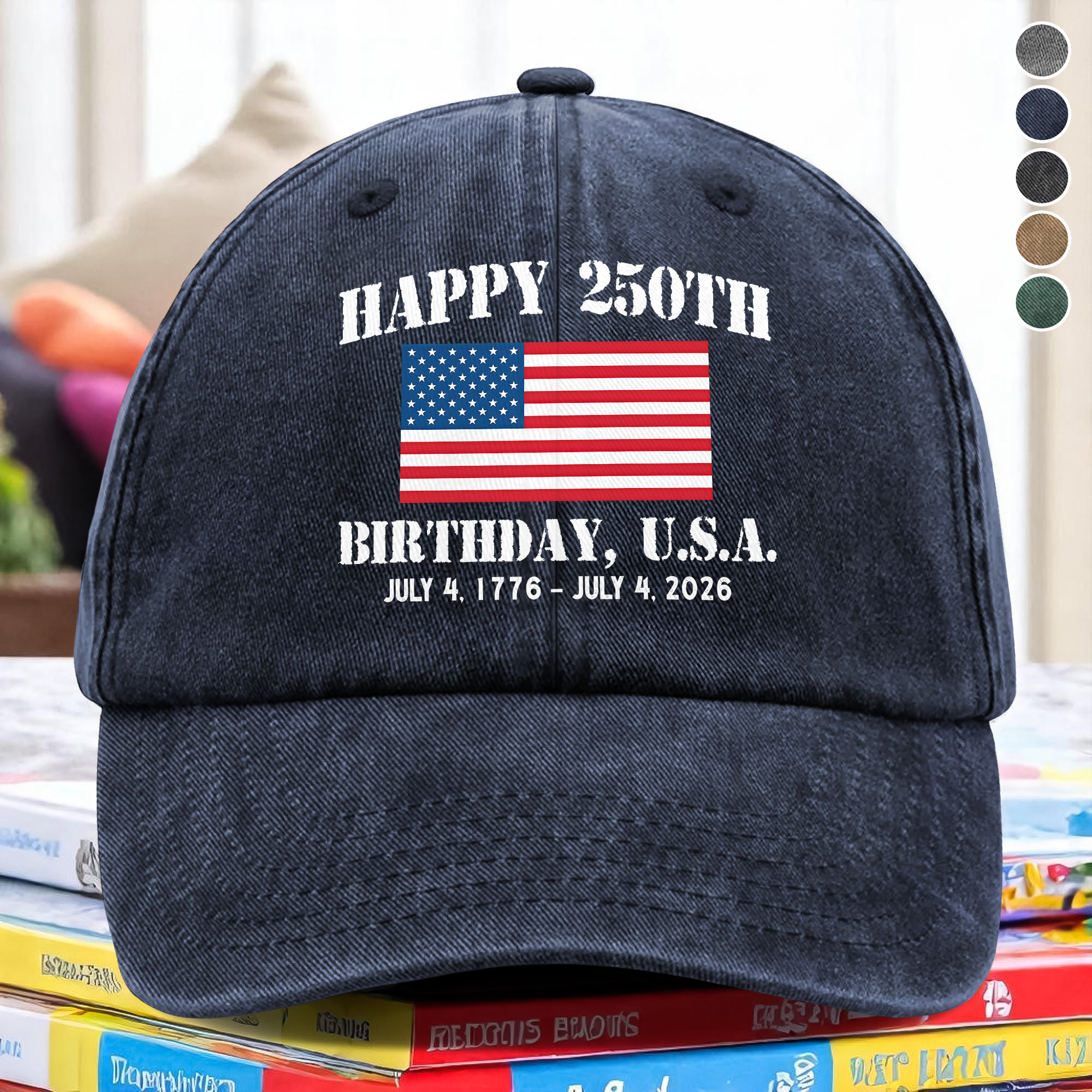 Happy 250th Birthday USA Patriotic 4th Of July Washed Denim Baseball Cap HO82 900372 - Image 3