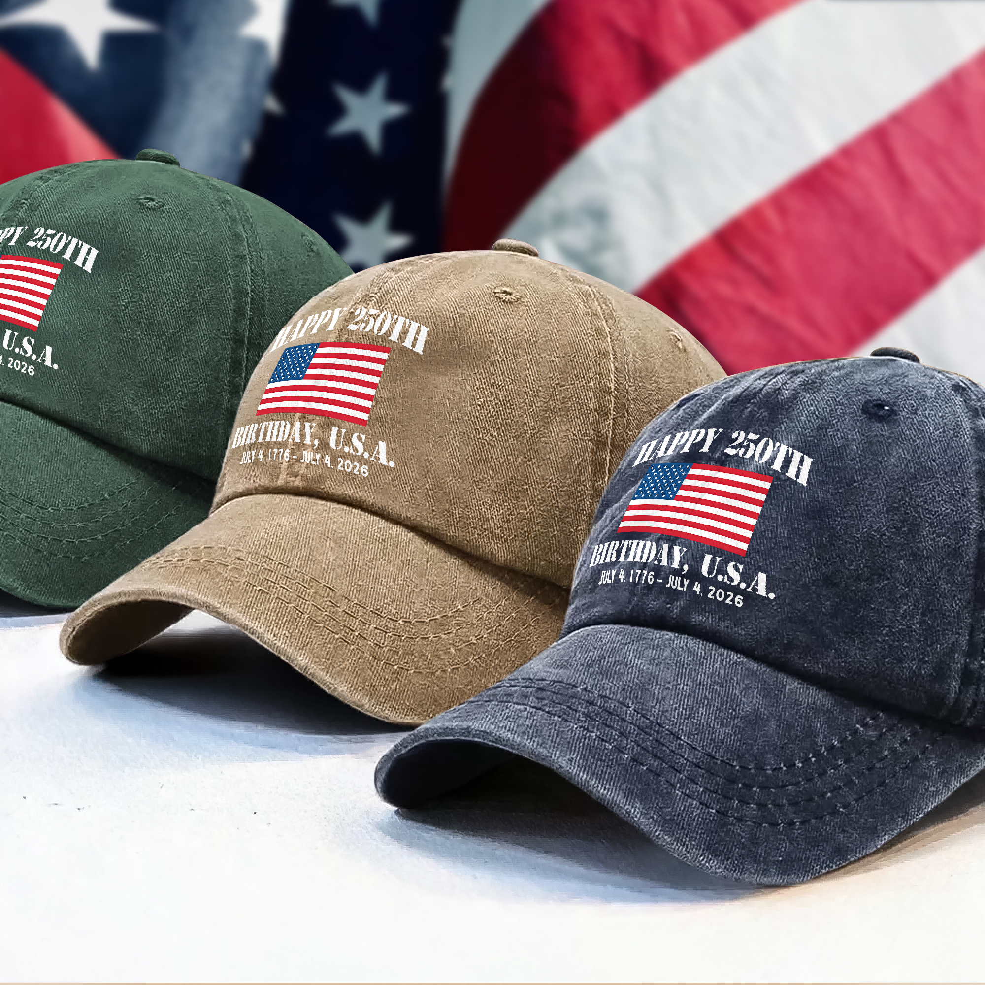 Happy 250th Birthday USA Patriotic 4th Of July Washed Denim Baseball Cap HO82 900372 - Image 5