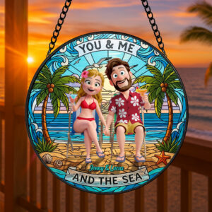 Alternative view of Happy Couple At Beach Stained Glass Suncatcher, Personalized Gifts For Couple 02qhtn160725hg