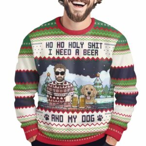 Alternative view of Ho Ho Holy I Need A Beer Bourbon Wine And My Dog Custom Name Ugly Christmas Sweater