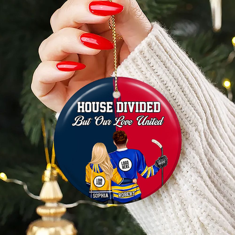 Hockey Couple Ornament - House Divided - Custom Team Logo Gifts For Ice Hockey Lovers
