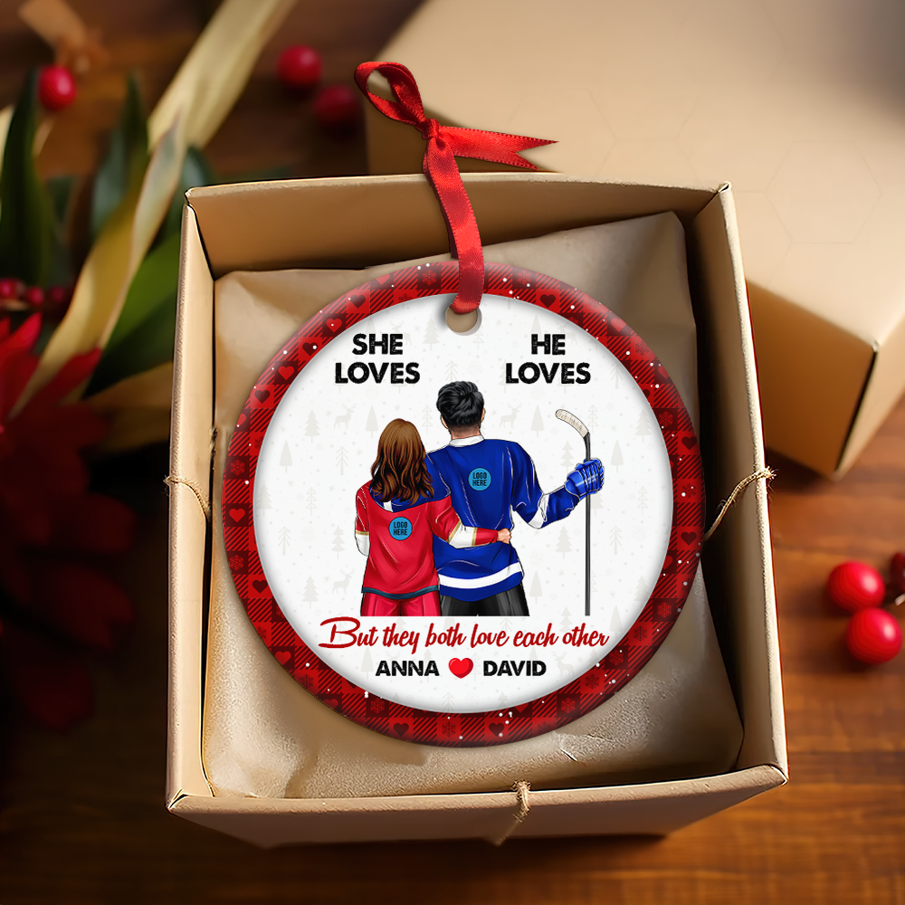 Hockey Couple Ornament - Personalized Gifts With Custom Team Logo For Ice Hockey Lovers