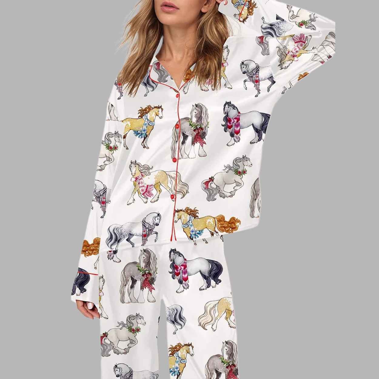 Horse Christmas Long Sleeve Satin Pajama Set