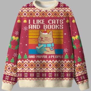 Alternative view of I Like Cats And Books And Maybe 3 People Ugly Christmas Sweater - gullprint.com