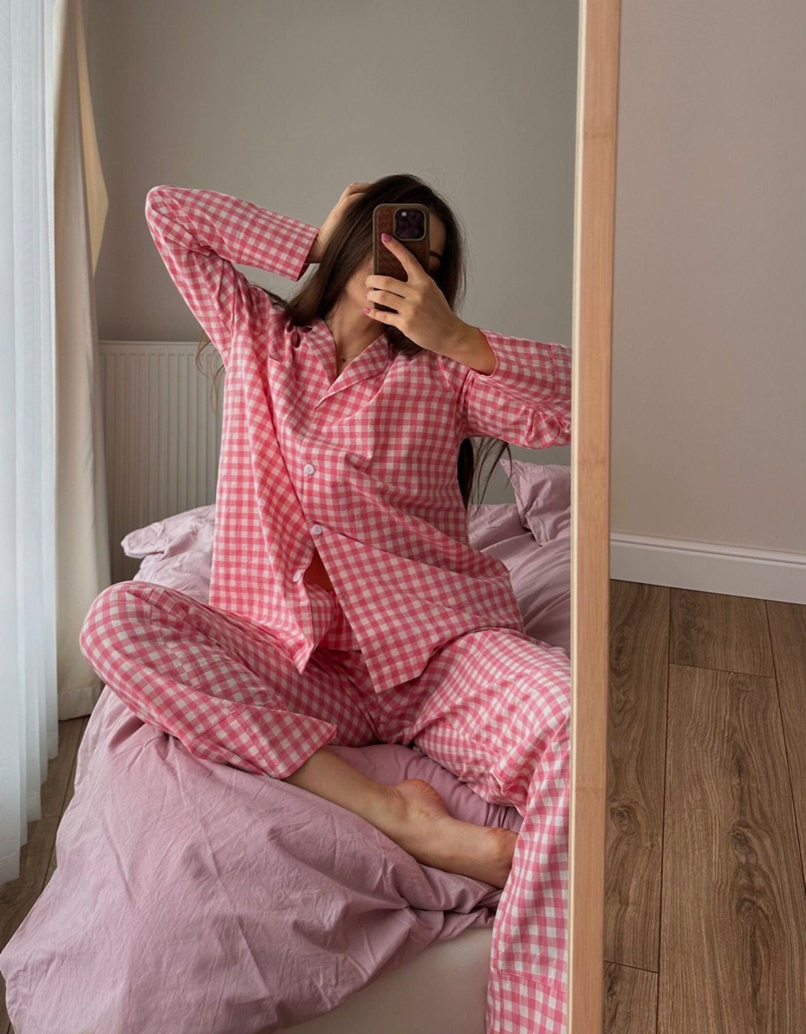 Organic Cotton Plaid Pajama Cotton loungewear 100% washed cotton pyjama Bachelorette party Bridal pajama Natural pajama with shorts or pants - Image 3