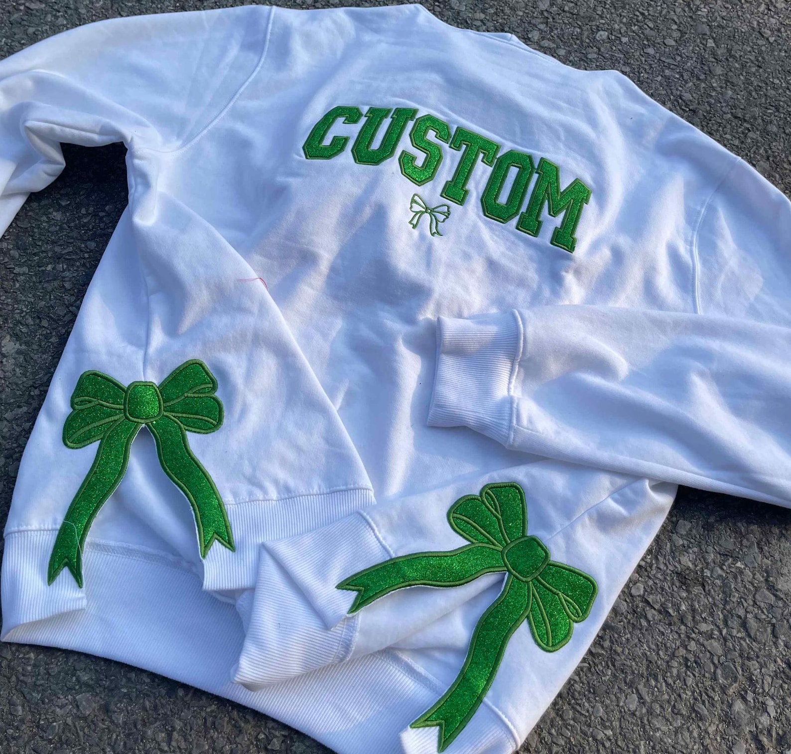 Custom Embroidered Sweatshirt With Trendy Side Bow and Glitter, Side Bow Applique Sweatshirt, Trendy Coquette Bow, Christmas Bow Sweatshirt - Image 2