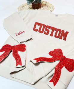 Custom Embroidered Sweatshirt With Trendy Side Bow and Glitter, Side Bow Applique Sweatshirt, Trendy Coquette Bow, Christmas Bow Sweatshirt