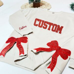 Custom Embroidered Sweatshirt With Trendy Side Bow and Glitter, Side Bow Applique Sweatshirt, Trendy Coquette Bow, Christmas Bow Sweatshirt
