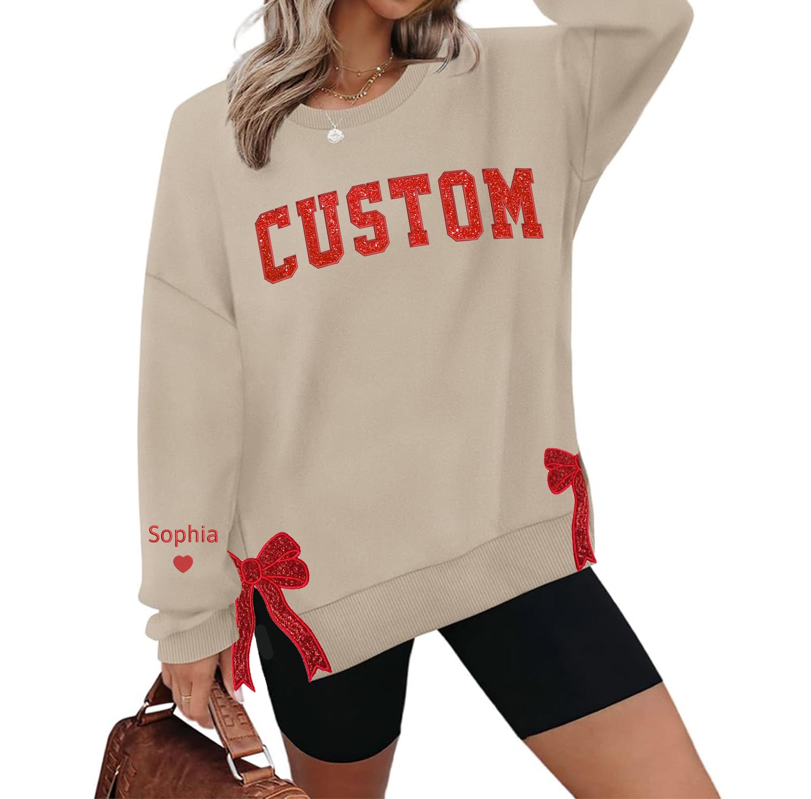 Custom Embroidered Sweatshirt With Trendy Side Bow and Glitter, Side Bow Applique Sweatshirt, Trendy Coquette Bow, Christmas Bow Sweatshirt - Image 3