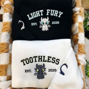 Embroidered Toothless And Light Fury Couple Sweatshirt, Disney Couple Hoodie, Matching Movie Embroidered Shirt, Couple Gift For Her Him
