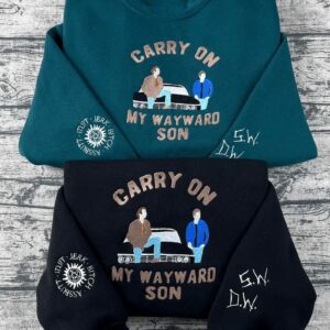 Supernatural Embroidered Sweatshirt – Carry On My Wayward Son, Winchester Brothers, Impala Design, Unisex Crewneck, Fandom Gift