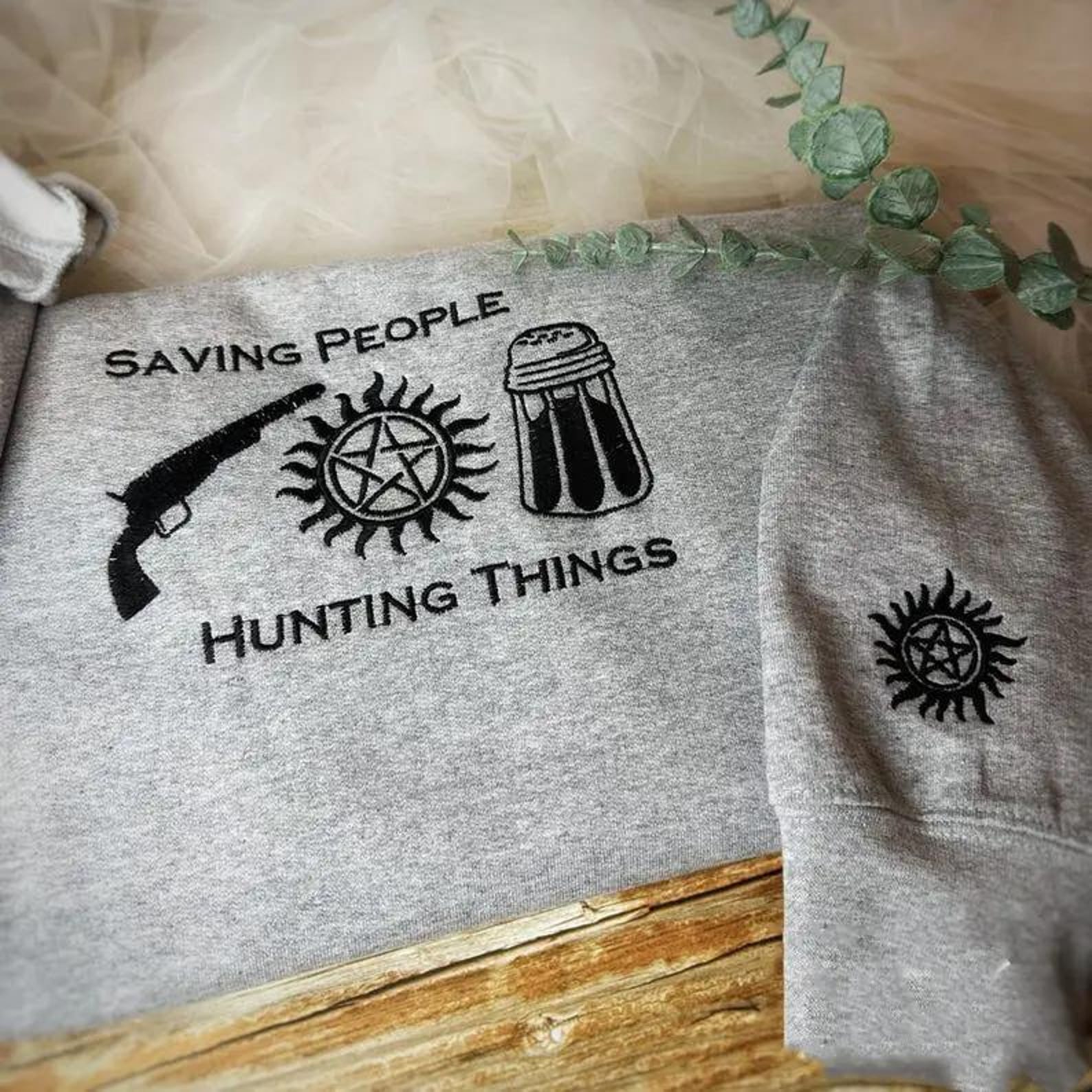 Supernatural Embroidered Sweatshirt, Saving People Hunting Things Jumper, Dean Sam Winchester Fan Gift, Anti Possession Sleeve Detail
