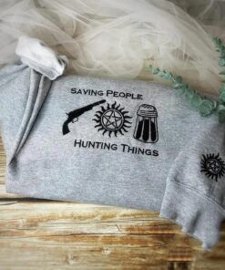 Alternative view of Supernatural Embroidered Sweatshirt, Saving People Hunting Things Jumper, Dean Sam Winchester Fan Gift, Anti Possession Sleeve Detail