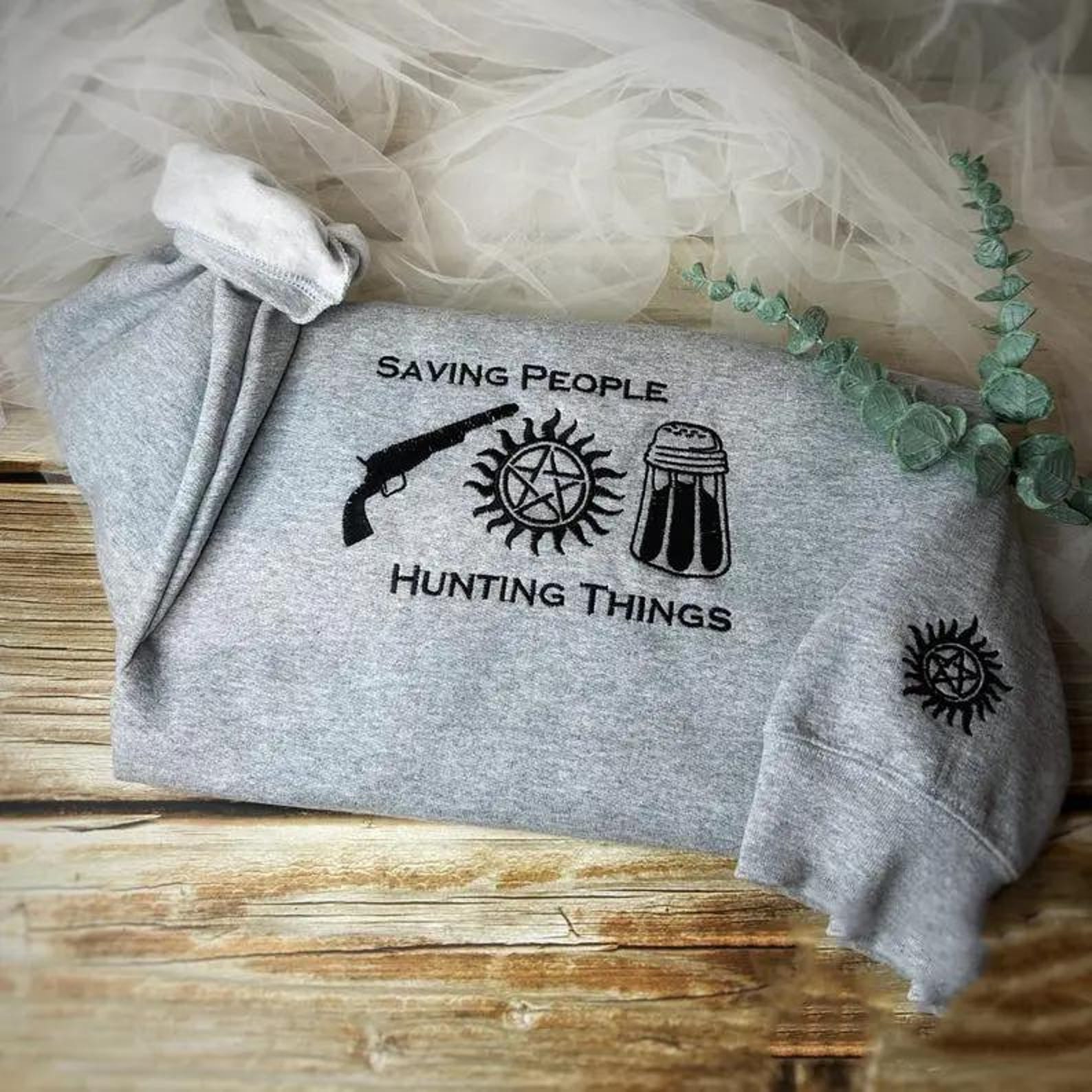Supernatural Embroidered Sweatshirt, Saving People Hunting Things Jumper, Dean Sam Winchester Fan Gift, Anti Possession Sleeve Detail - Image 2