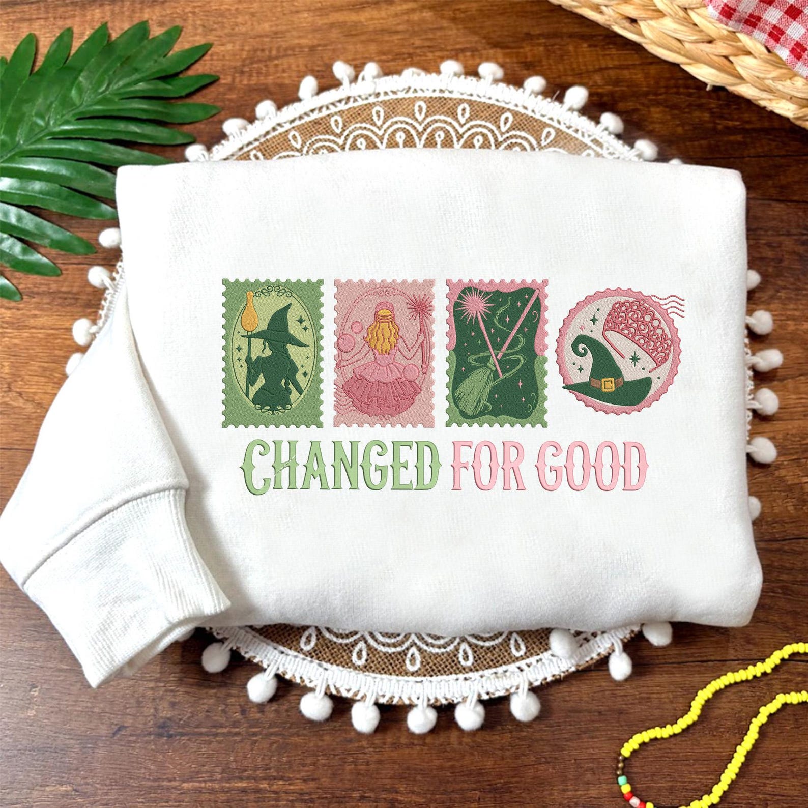 Wicked Changed For Good Embroidered Sweatshirt, Wizard Defying Gravity, Pink And Green Musical, Elphaba and Glinda Halloween