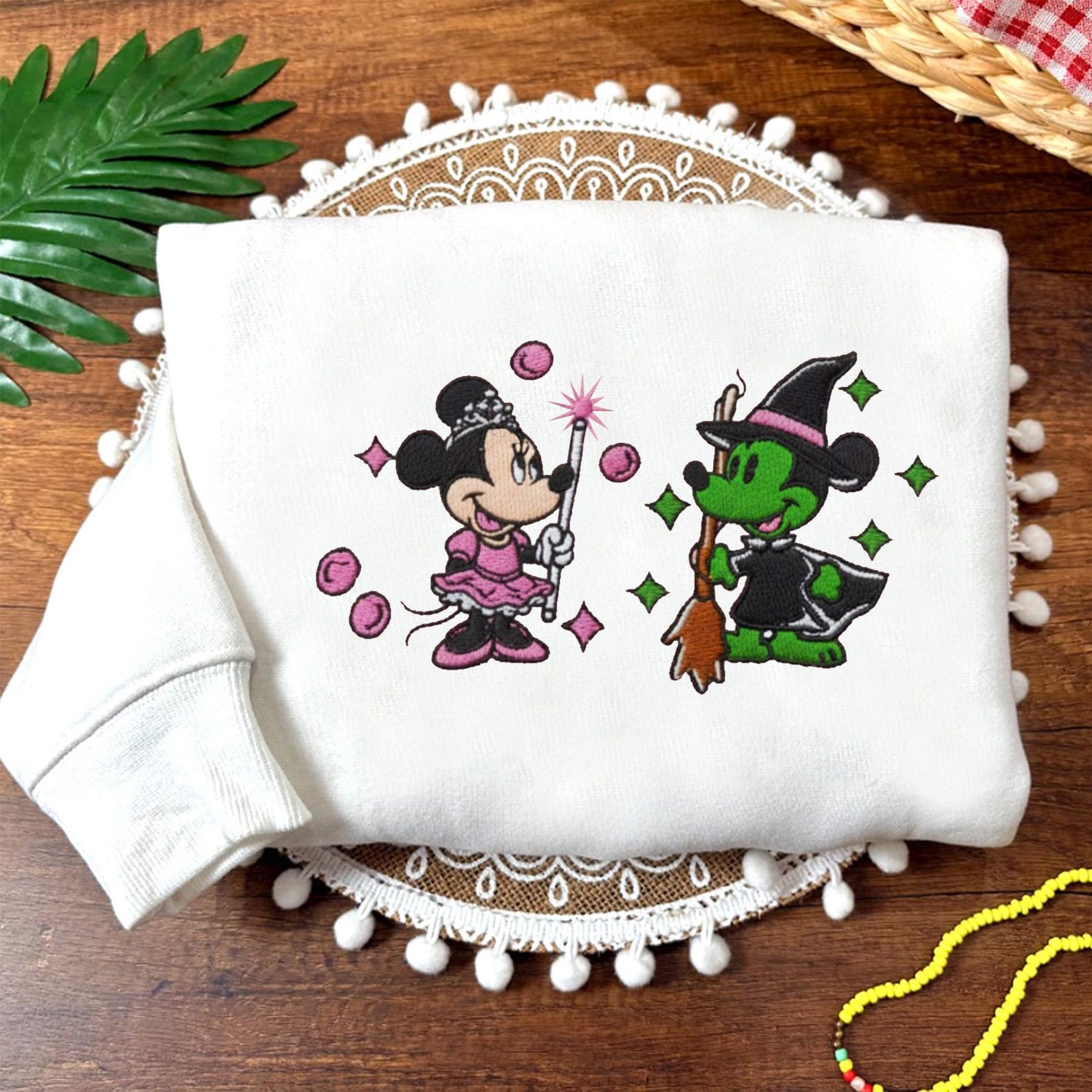 Mickey Minnie Wicked Embroidered Sweatshirt, Pink Witch Green Witch, Changed For Good Wicked, Cartoon Matching Halloween Movie - Image 2