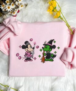Mickey Minnie Wicked Embroidered Sweatshirt, Pink Witch Green Witch, Changed For Good Wicked, Cartoon Matching Halloween Movie