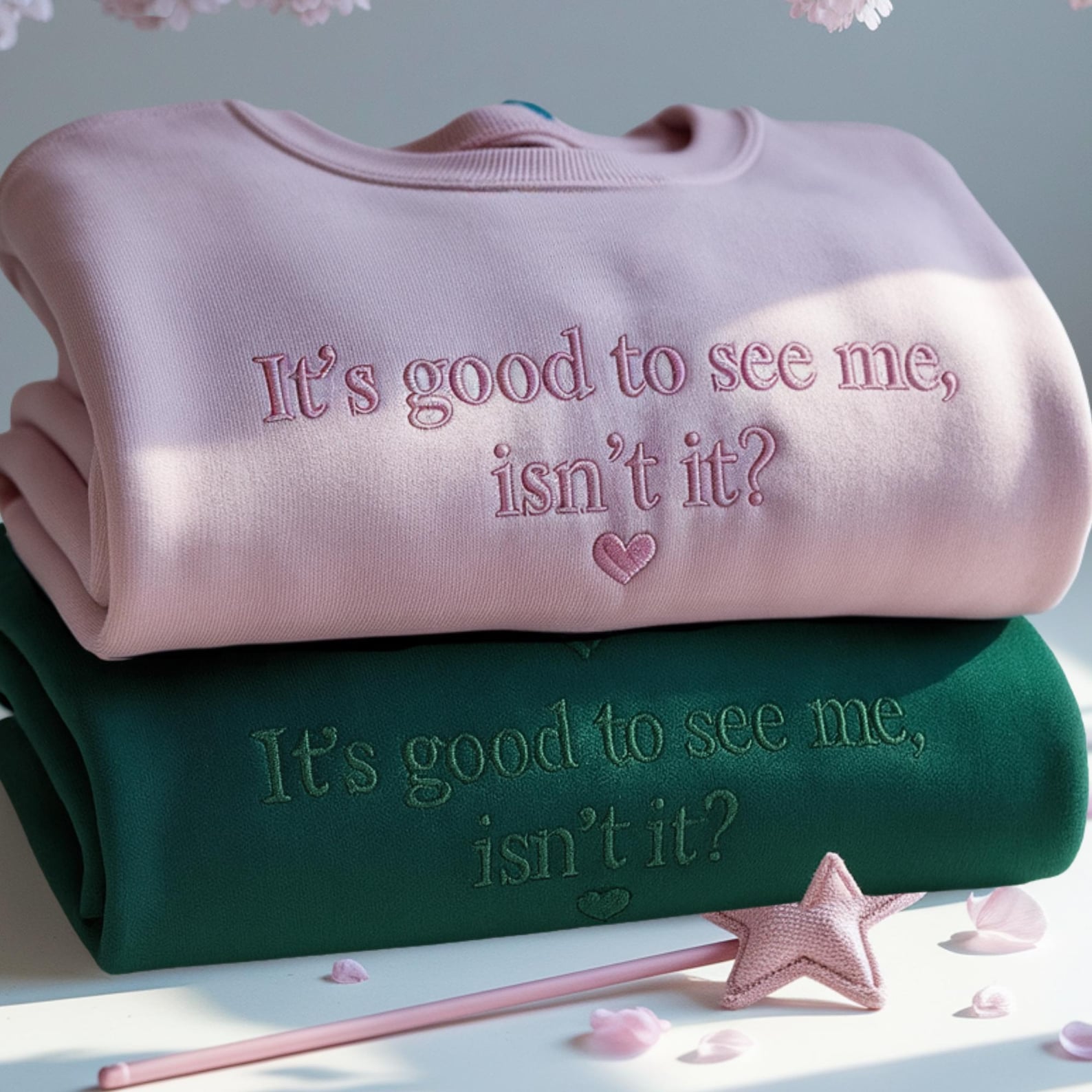 Embroidered Musical Theatre Crewneck: "It's Good To See Me, Isn't It Wicked"